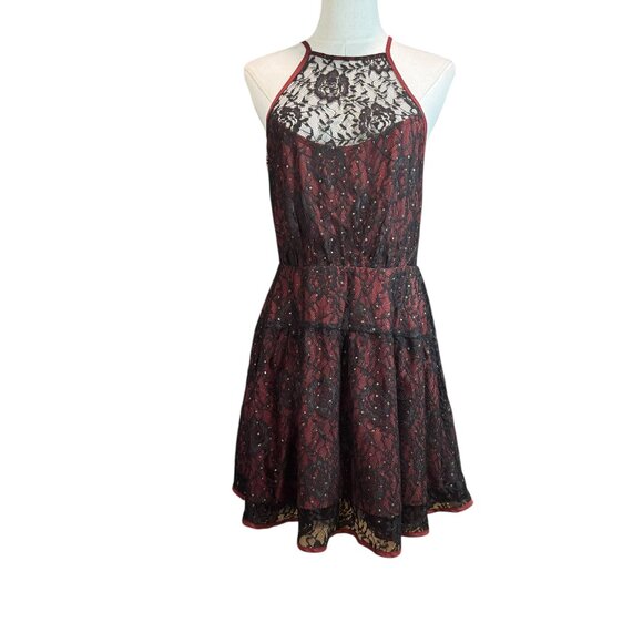 Free People Dresses & Skirts - xFree People Black & Burgundy Lace Fit & Flare Mini Dress SZ:10  Sheer Open Back